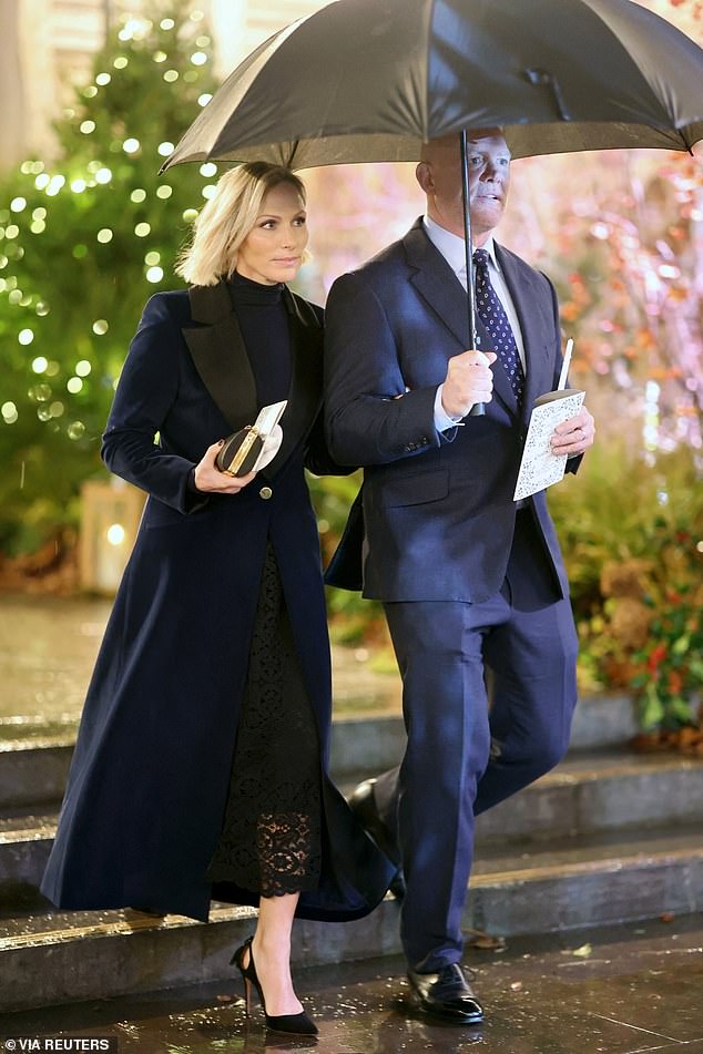 Zara Tindall, 44, the daughter of Princess Anne, was also in the congregation, accompanied by her husband, former rugby union player Mike Tindall, 47 (pictured together leaving the service)