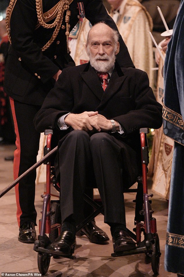 Another of the late Queen's cousins, Prince Michael of Kent (pictured, attending the service), 83, was also in attendance in a wheelchair
