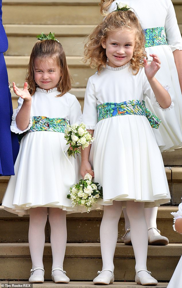 Princess Eugenie is a proud godmother to Maud, who was a bridesmaid at the royal's wedding in 2018 (pictured, right, with Princess Charlotte, left) and is rarely seen in public