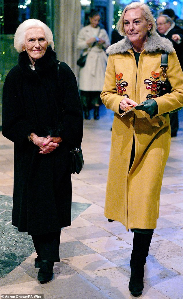 Celebrity chef Dame Mary Berry (pictured arriving at the service with her daughter Annabel Bosher) created a Christmas wreath for display in the abbey