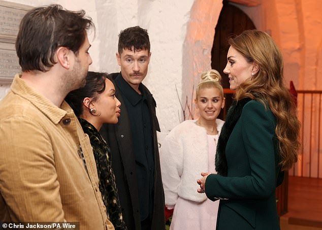 Singers Katie Melua (second right), Dan Smith from the band Bastille (centre), Griff (second left) and Fisherman's Friends (left) all performed at the event. Pictured: The artists speaking with the Princess of Wales at the service