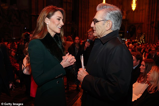 Famous faces in the congregation included Schitt's Creek actor Eugene Levy (pictured speaking with the Princess of Wales at the service), who featured William in the new series of his travel show, The Reluctant Traveler, earlier this year
