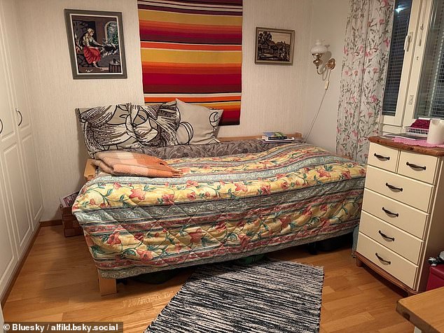 Another was taking a trip down memory lane for their visit back home (pictured): 'Bedspread is from my law school days 30 years ago'