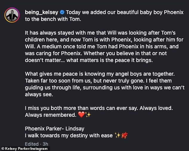 Kelsey shared a snap of the new plaque she has installed, which reads: 'I walk towards my destiny with ease. Phoenix Parker-Lindsay'