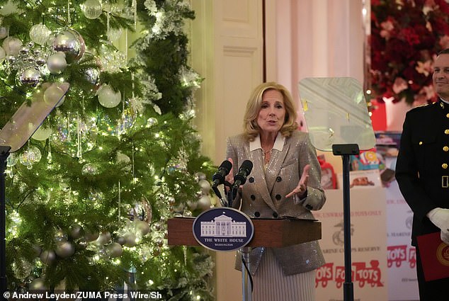 First Lady Jill Biden hosted a U.S. Marine Corps Reserve Toys for Tots event at the White House with local Marine Corps families on December 13th, 2024