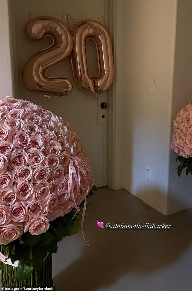 The TV personality shared a photo of balloons placed on what appeared to be Alabama's door - while large bouquets of pink roses were placed nearby