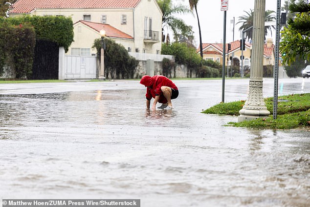 A man is pictured cleaning out debris from a storm drain in East Hollywood