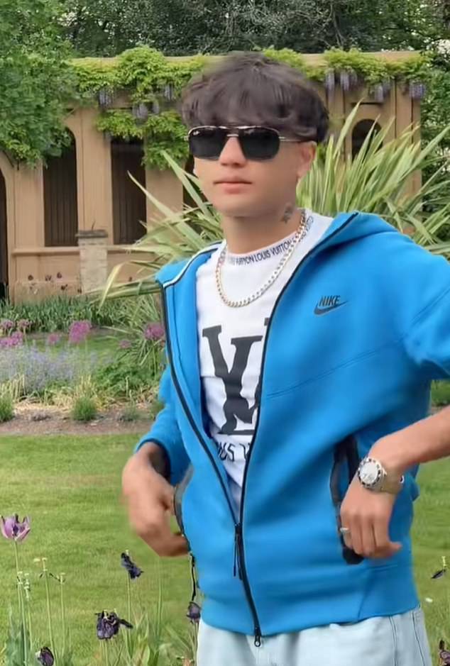 Jahanzeb is seen wearing designer clothes like this Saint Laurent t-shirt, a blue Nike hooded top an an expensive looking gold watch in the videos, suggesting he has money