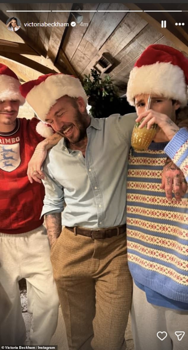 Meanwhile back in the UK dad David and brother's Romeo, 23, and Cruz, 20, looked merry as they donned Santa hats ahead of Christmas