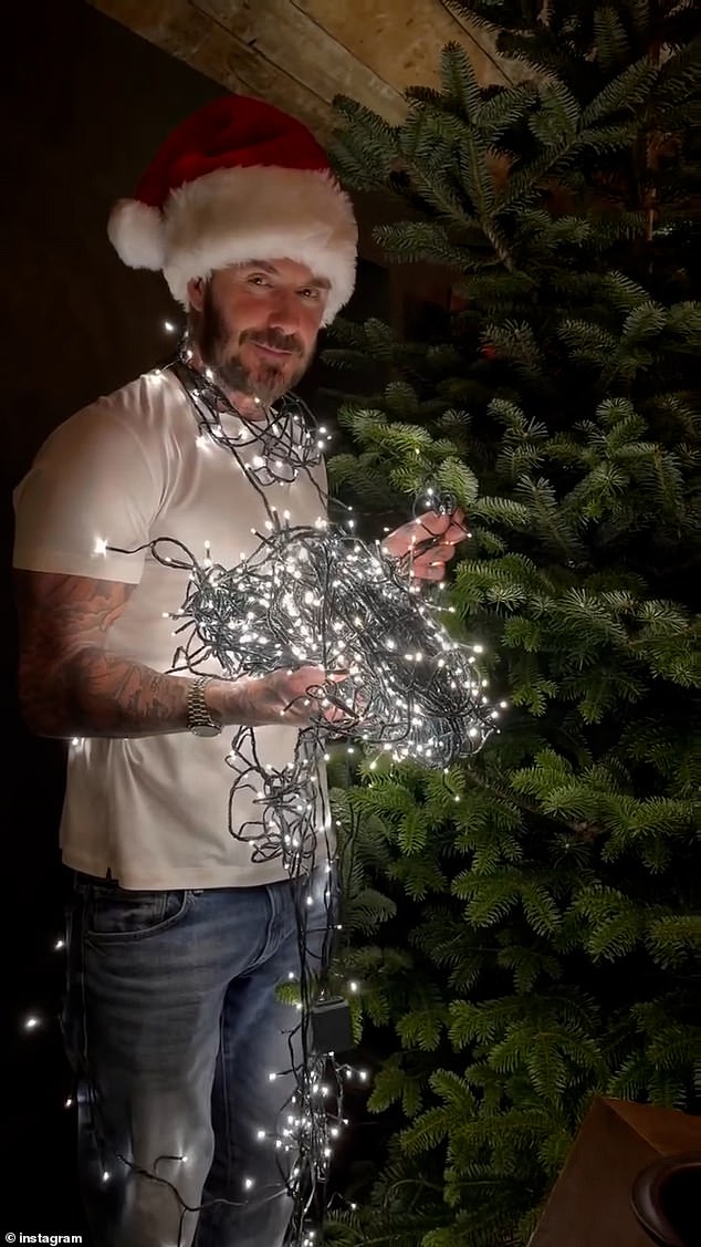 After cutting down the family's tree earlier in the day, David got to work on untangling the lights and decorating