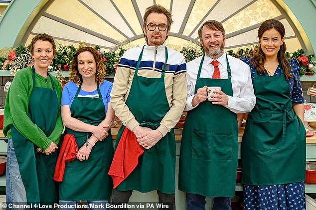 L-R Olivia Colman, Isy Suttie, Matt King David, and Sophie Winkleman reunited after a decade to film The Great Peep Show Christmas Bake Off