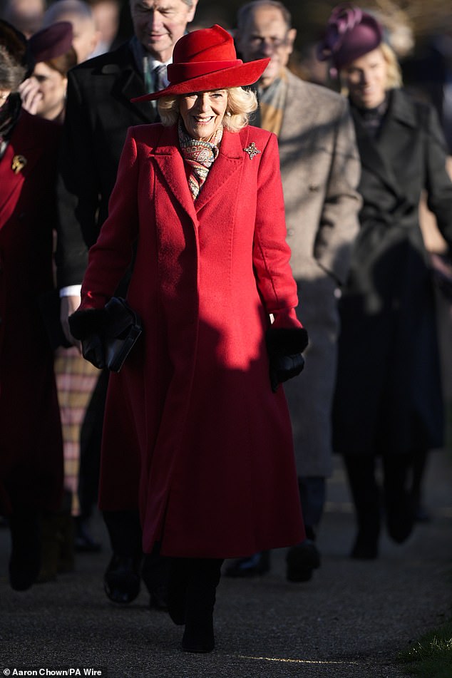 Queen Camilla appeared in a jovial mood as she made her way towards the church service