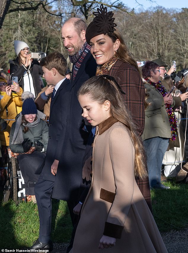 Catherine, 43, walked up the road leading to the church on King Charles's Norfolk estate alongside Prince William, their children - Prince George, 12, Princess Charlotte, 10, and Prince Louis, seven - on Christmas morning