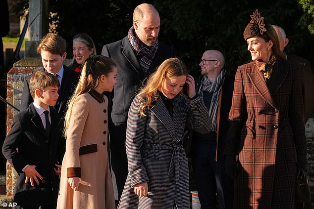 From left to right: Prince George, Prince Louis, Prince William, Princess Charlotte, Mia Tindall, 11, and the Princess of Wales