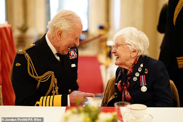 King Charles III joined 101-year-old Second World War veteran Ruth Barnwell at a tea party in Buckingham Palace, to mark the 80th anniversary of VE Day in May