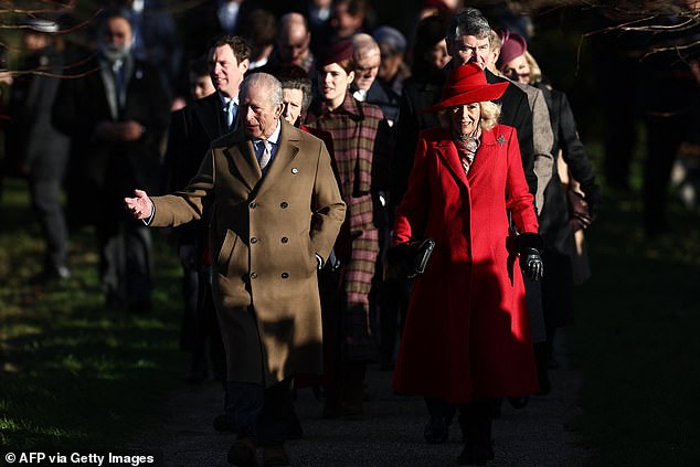 Eugenie, 35, was all smiles as she followed King Charles, 77, and Queen Camilla, 78, into St Mary Magdalene Church this morning