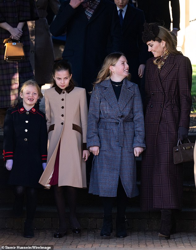 Charlotte (centre left) and Catherine (far right) were all smiles as they posed with Mia and Lena Tindall (far left) as they were leaving the church