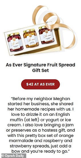In the 'food' section of this year's guide, Oprah included an item from Meghan's latest holiday drop, the As Ever Signature Fruit Spread, which retails for $42