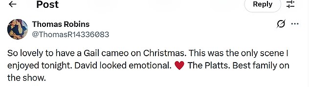 Many fans shared their delight at seeing Gail briefly back on the Corrie cobbles after her festive departure following a 50-year stint