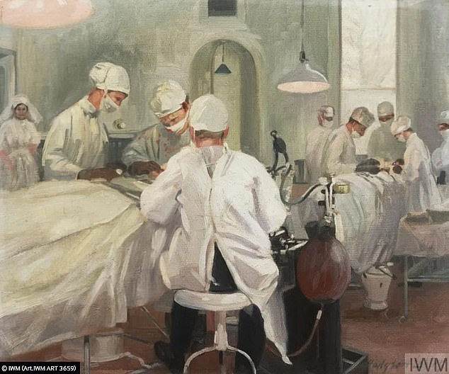 Another exhibit is a painting of the Queen's Hospital for Facial Injuries, south London, in 1918, where Dr Harold Gillies performed skin grafts on injured soldiers and later used the techniques to perform the first transgender surgeries