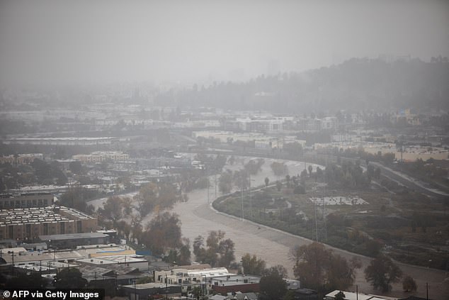 The Los Angeles river with a high water level is seen from Elysian Park forcing hundreds of evacuations in burn areas