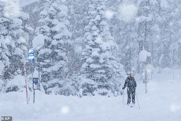 Snow is seen coming down in the Mammoth Mountain Ski Area resort