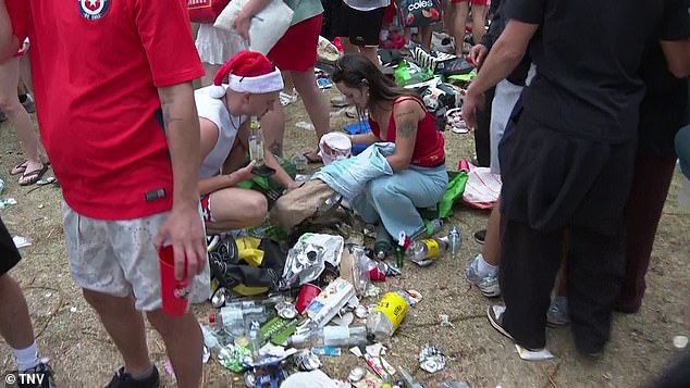 Rubbish is seen on the ground at Coogee Beach as festivities get into full-swing