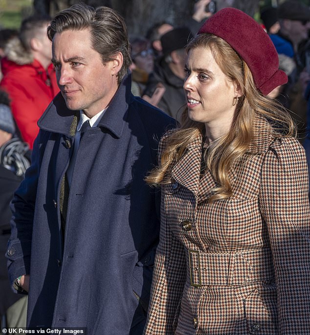 Beatrice, 37, accompanied by her husband Edo Mapelli Mozzi, (pictured, the couple together) looked pale and slightly haunted, hanging to the rear of the party