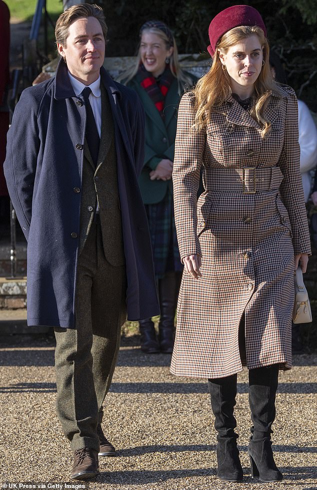 While Princesses Beatrice (pictured, in attendance, with her husband Edoardo Mapelli Mozzi) and Eugenie were surprise guests at the King's royal revelries at Sandringham, the disgraced former Duke of York was seen leaving Royal Lodge, his Windsor mansion, alone