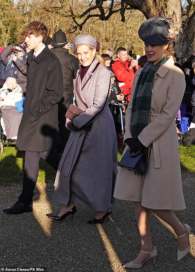 They brought their children, Lady Louise (right) and James, Earl of Wessex (left), along for the festivities. Pictured: The children with their mother, the Duchess of Edinburgh, centre