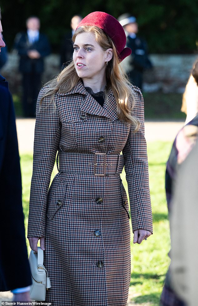 Princess Beatrice opted for New York brand Cara Cara's £950 wool trench coat, which she paired with a £2,990 Loro Piana bag and a £1,600 Emily London pillbox