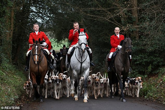 The survey also found banning trail hunting ¿ which Labour is planning to do ¿ was not a public priority. It comes as thousands are expected to turn up to traditional Boxing Day trail hunt meets tomorrow. Pictured: A meet in the village of Chiddingstone, Kent, on Boxing Day 2023