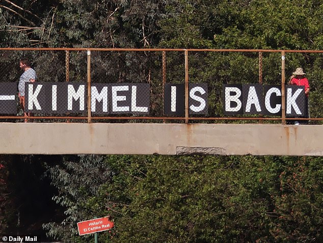 Protesters also activated in favor of Kimmel, with this sign celebrating his return to the airwaves