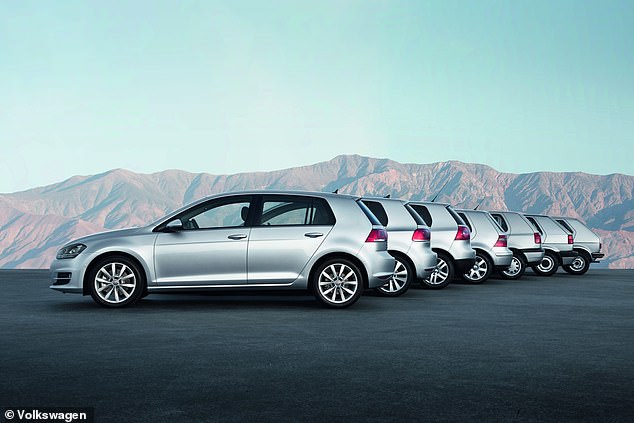 The first seven generations of Volkswagen Golf parked side-by-side showing the characteristic shoulder line