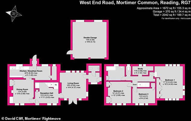 Despite its crumbling condition, a floorplan detailing a living and dining room and four bedrooms is still included as part of the listing