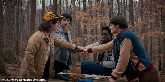 Season five, volume two of the sci-fi drama aired over the festive period, bringing long-running fan speculation to an end as Noah Schnapp's character came out to his closest friends (L-R Gaten Matarazzo, Finn Wolfhard, Caleb McLaughlin, and Noah Schnapp)