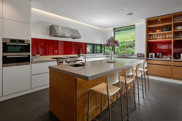The interior kitchen features an island, fitted appliances, and bright, high ceilings
