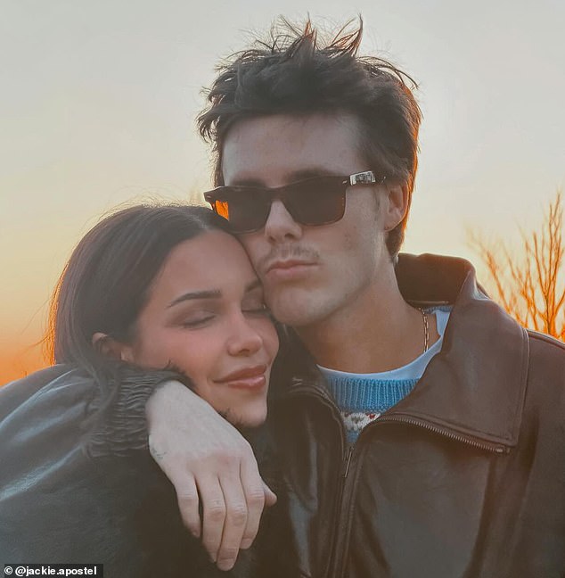Only Cruz Beckham’s model girlfriend Jackie Apostel, left, was on Instagram on Christmas Day itself to share her festive joy at the Beckhams’ £10million converted barn in Great Tew