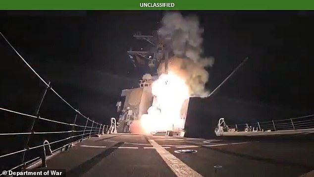A video posted by the Pentagon showed at least one projectile launched from a warship. A US defense official said the strike targeted multiple militants at known ISIS camps