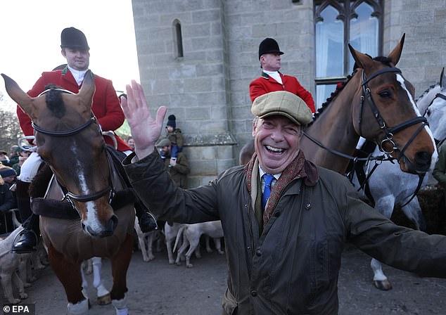 Reform UK leader Nigel Farage, who described Labour as 'authoritarian control freaks', joined hunters at Chiddingstone Castle in Kent