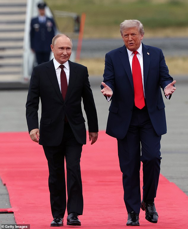 President Donald Trump welcomes Russian President Vladimir Putin to Joint Base Elmendorf-Richardson on August 15, 2025 in Anchorage, Alaska. The two leaders met for peace talks aimed at ending the war in Ukraine.
