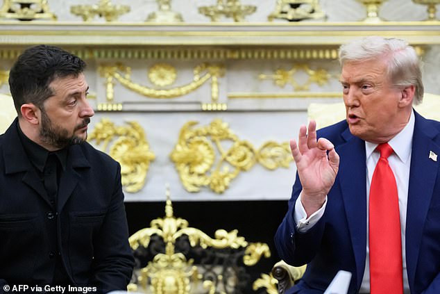 Ukraine's President Volodymyr Zelensky and US President Donald Trump participate in a meeting in the Oval Office of the White House in Washington, DC, on August 18, 2025