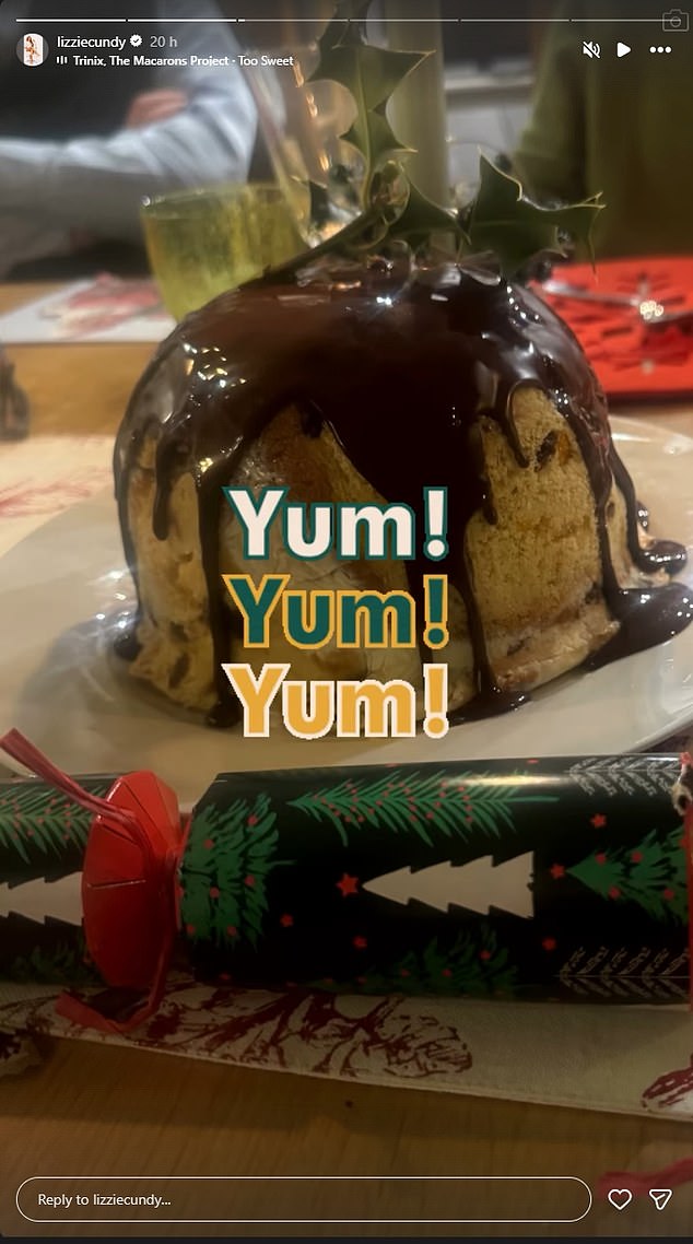 She also shared a closer look at the chocolate-covered pudding that was served during the meal