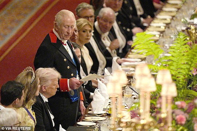 The £31billion 'tech prosperity' deal, which was seen as a major victory when it was announced during Trump's state visit in September (pictured at the royal banquet), has stalled