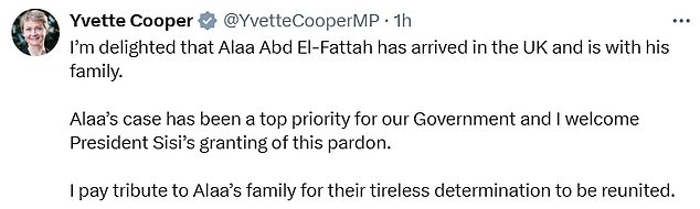 Yvette Cooper also celebrated the reunification
