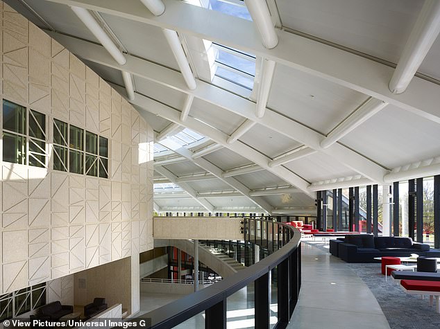 Elevated view across the main entrance at the Auditorium Carnal Hall at Le Rosey, Rolle, Switzerland