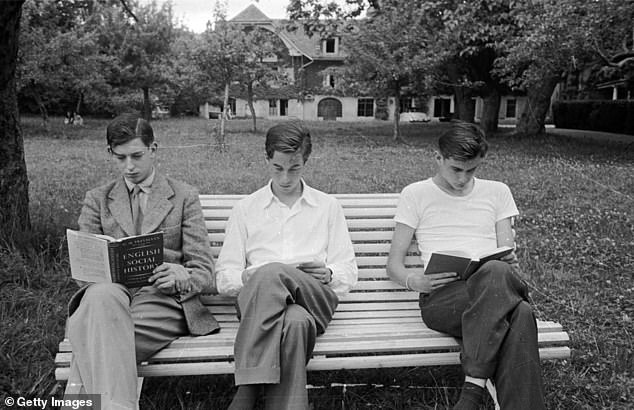 July 18, 1953: Edward George, Duke of Kent (left) revises from a book on English Social History for his end of term exams at Le Rosey boys' school in Geneva