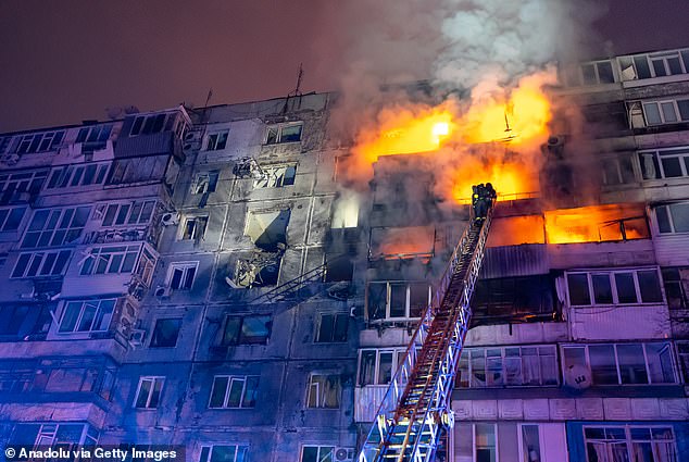 Units of the State Emergency Service of Ukraine extinguish a blaze after a Russian airstrike in Zaporizhzhia earlier this month