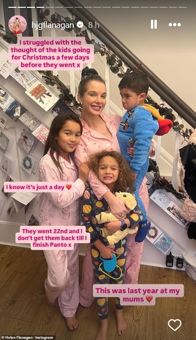 In one sweet snap of herself and her children, she told her followers: 'I struggled with the thought of the kids going for Christmas a few days before they went x I know it's just a day. They went 22nd and I don't get them back till I finish Panto'