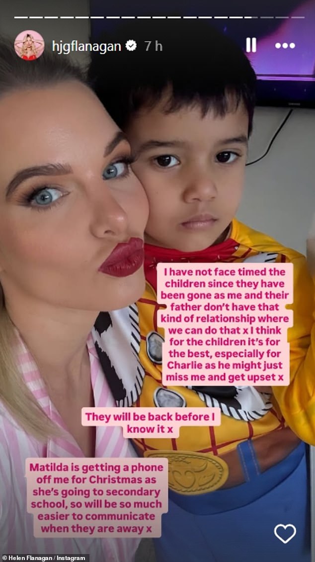 In a further post with her youngest son, Helen revealed she has not FaceTimed the children while they have been away, explaining: 'I have not face timed the children since they have been gone as me and their father don't have that kind of relationship where we can do that'